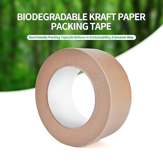 Eco-Friendly Kraft Paper Tape, Biodegradable Kraft Paper Tape, Recyclable Writable Packing Tape, Non-Coated Surface for Masking, Sealing, 2inch x 60yards, 6Rolls