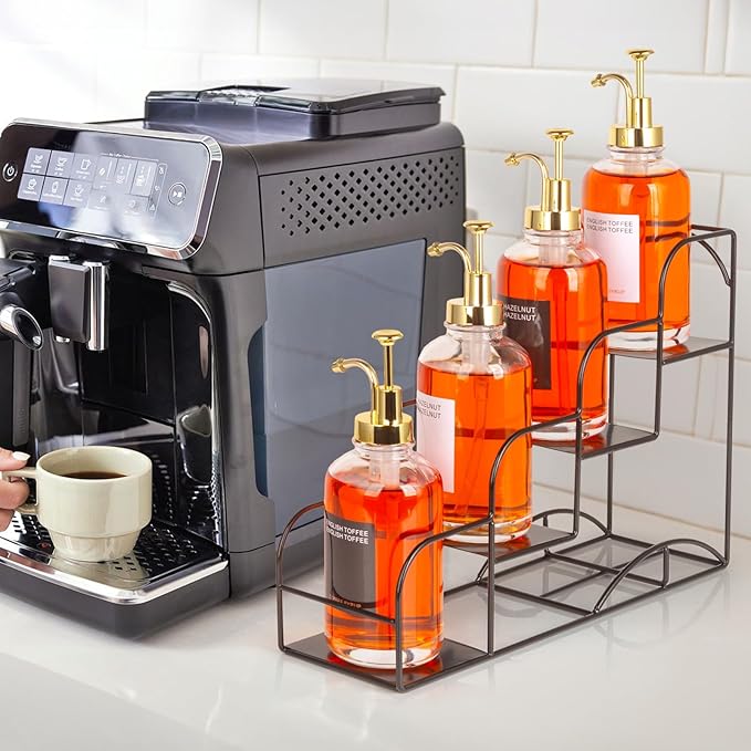 Syrup Rack for Coffee Bar Accessories, Iron 4 Compartment Bottle Organizer, Countertop Display Storage Shelf Bottle Stand, Metal Coffee Bar Organizer for Wine, Kitchen, Holds 4 Bottles