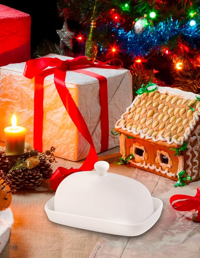 Sweejar Ceramic Butter Dish with Lid for Countertop,Porcelain Butter Keeper with Knob Handle,Butter Container for East/West Coast Butter, 7.1*3.7 inches (White)