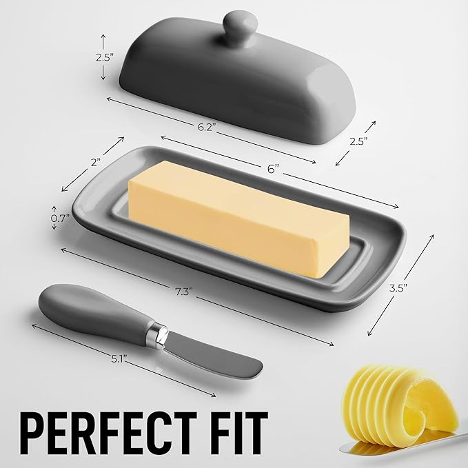 Zulay Butter Dish With Lid For Countertop - Porcelain White, Ceramic Butter Dish with Knob Handle Great for Cooking - Elegant Design Butter Holder - Durable & Sturdy Butter Keeper - Gray