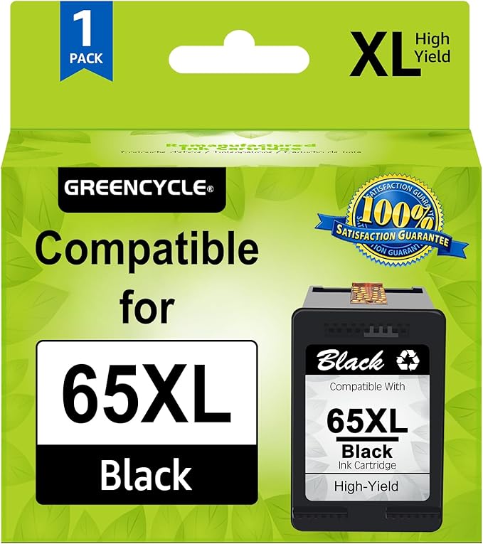 greencycle 65XL Black Ink Cartridge Replacement for HP 65 XL N9K04AN Compatible with Envy 5055 5052 5058 Deskjet 2655 2652 2622 3720 3730 3752 3758 All-in-One Printer (Black, 1 Pack)