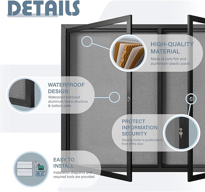 Enclosed Bulletin Board Outdoor Noticeboard with Locking Door, Weather-Resistant, Grey Felt, Black Aluminum Frame, 48 x 34 in
