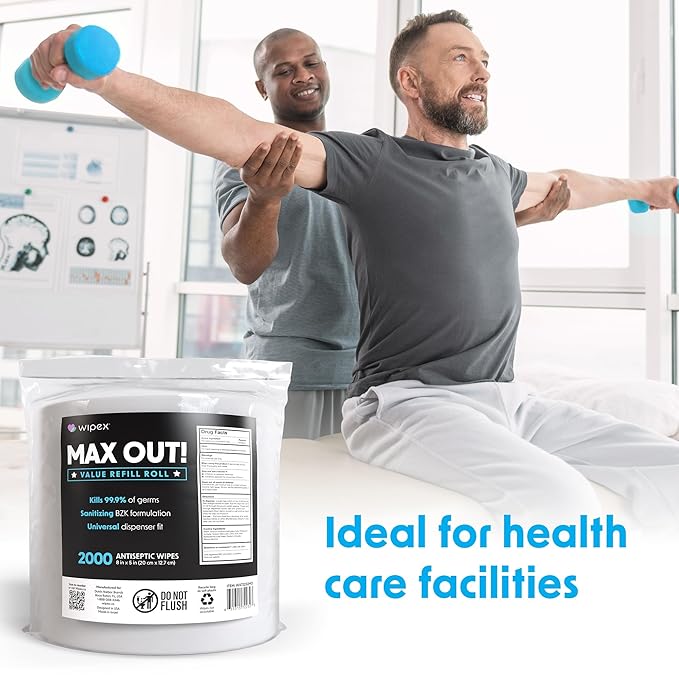 Wipex Max Out Sanitizing Wipes for Fitness Centers - 2000 Wipes Per Roll, Pack of 4, Economy Size Refill Rolls for Dispensers, 5"x8" - Ideal for High Volume Commercial Gyms, Schools & Studios