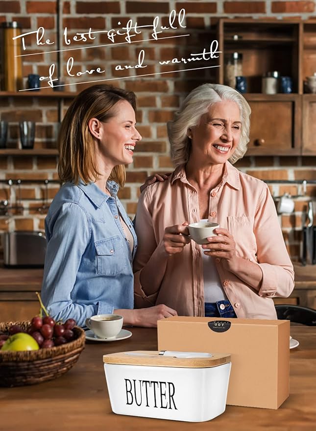 Butter Dish with Lid, Large Butter Container for Countertop, Ceramic Butter Holder for Counter, Butter Tray Butter Keeper with Knife and Sponge Scrubber, Perfect for 2 Sticks of Butter, White