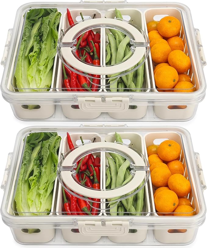 Salad Bar Containers for Fridge with Lid and Handle, Fruit Storage Containers with 4 Removable Colanders, Berry Box Fresh Produce Saver for Fruit, Veggie, Refrigerator, Kitchen, Picnic, 2 Pack