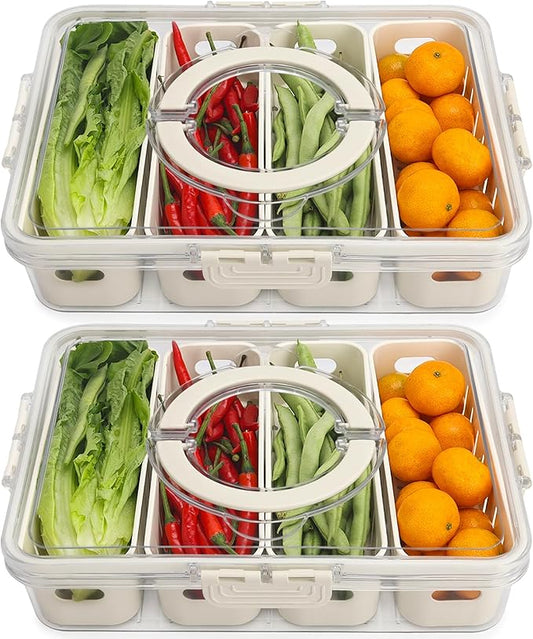 Salad Bar Containers for Fridge with Lid and Handle, Fruit Storage Containers with 4 Removable Colanders, Berry Box Fresh Produce Saver for Fruit, Veggie, Refrigerator, Kitchen, Picnic, 2 Pack