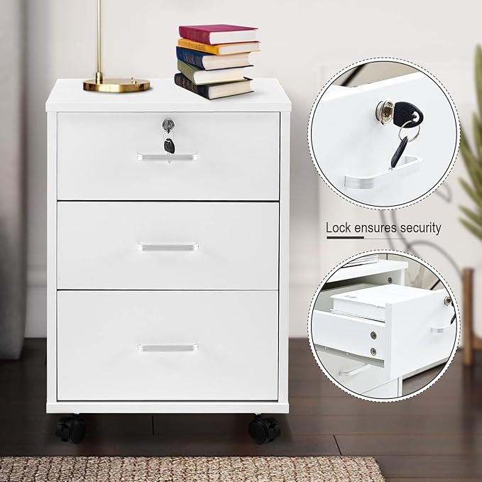 File Cabinet with Lock 3 Drawer Mobile Filing Cabinet with 360° Swivel Wheels, Under Desk Storage Cabinet Wooden File Organizer for Legal/Letter/A4 Documents, Home Office Storage (White)
