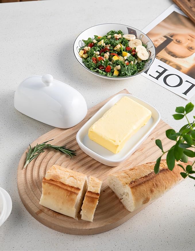 Sweejar Ceramic Butter Dish with Lid for Countertop,Porcelain Butter Keeper with Knob Handle,Butter Container for East/West Coast Butter, 7.1*3.7 inches (White)