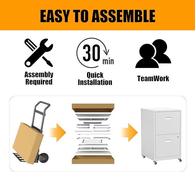 2 Drawer Mobile File Cabinet with Lock, Metal Filing Cabinets with Wheels, White Rolling Storage Cabinet, Under Desk Vertical File Cabinet for Home Office, Lockable Steel Two Drawer for Letter Size