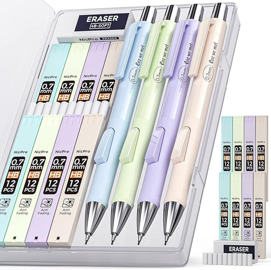 Nicpro 4 PCS Pastel Mechanical Pencil 0.7mm, Cute Fast Click Mechanical Pencils Set with 8 Tubes HB Lead Refills, Erasers, Eraser Refills for School, Student Writing, Drawing, Sketching - with Case
