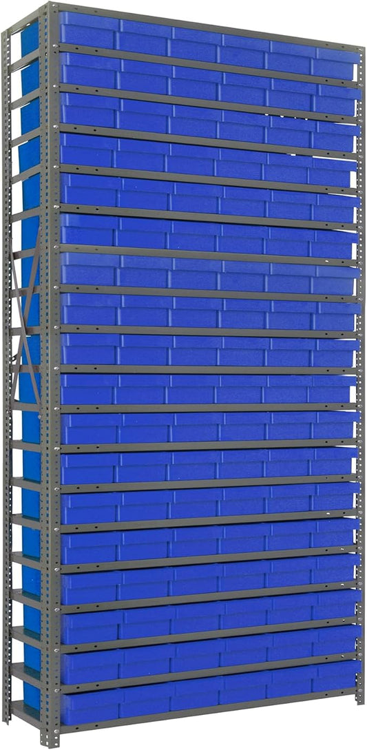 Quantum 1275-401BL Heavy Duty Shelving Unit with (19) Shelves and (27) QED401 Blue Bins for Garage Warehouse Storage Distribution | 400 lb Load Capacity | 12"D x 36"L x 75"H, Galvanized Carbon Steel