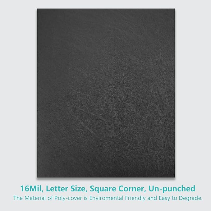 Binditek 100 Pack 16 Mil Leather-Textured Heavyduty Polycovers, Plastic Binding Presentation Covers, Letter Size, 8-1/2 x 11", Square Corners, Un-Punched, Black