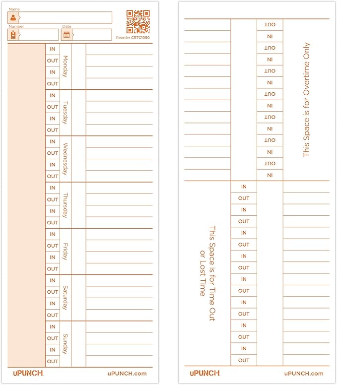 uPunch 100 Time Cards for CR1000 Digital Time Clock and Date Stamp
