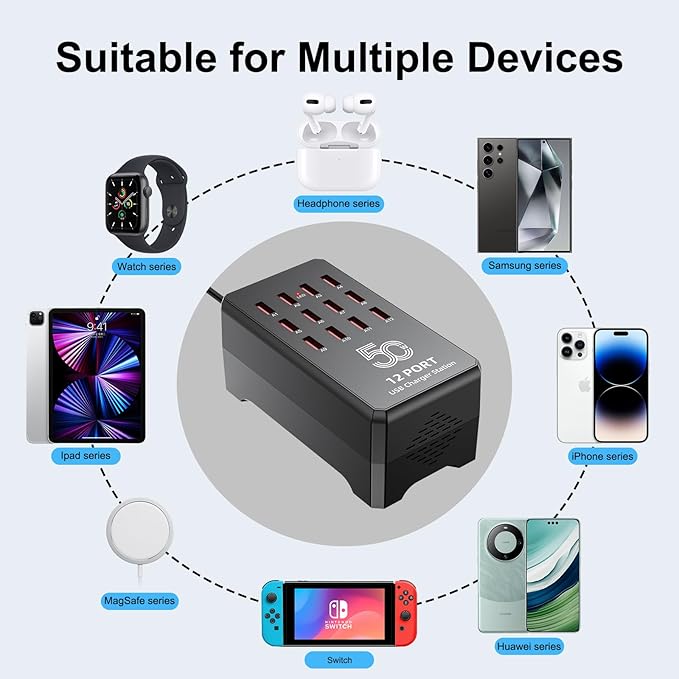 50W 12-Port USB Charging Station for Multiple Devices-Portable USB Charging Hub Compatible with iPhone, Android, Tablet, AirPods & More-Compact Charger Block for Home, Office & Travel.