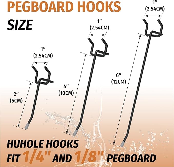 HUHOLE Pegboard Hooks 2 Inch 50PC, Black Peg Board Hooks, Fit 1/4" or 1/8" Pegboard, Ideal Peg Board Organizer Accessories for Garage Tool Organization, Wall Storage (Black, 2 Inch)