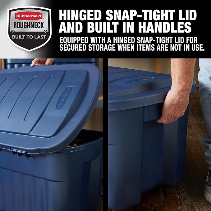 Rubbermaid Roughneck Tote 40 Gal, 2 Pack, Made in USA, Dark Indigo Metallic, Rugged Plastic Stackable Storage Bins with Lids and Handles