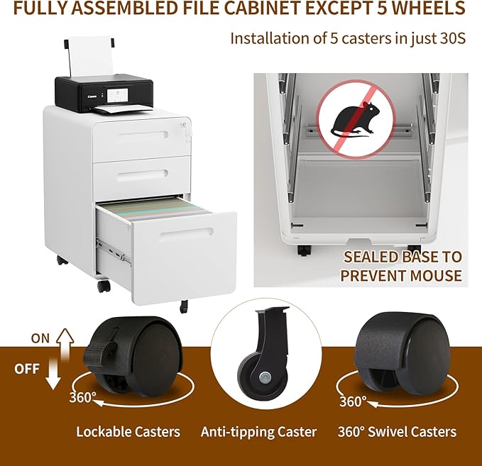 3 Drawer File Cabinet with Lock and 4 Keys, Mobile Metal Filing Cabinet, File Cabinets for Home Office, Under Desk, Pre-Assembly, File Drawer, Letter/Legal/A4 Hanging File Folders