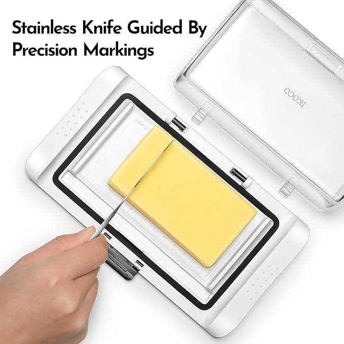 Butter Dish with Lid, IKOCO Large Butter Dish with Knife for Countertop and Refrigerator, Plastic Butter Holder Container Tray for 2 Sticks Butter, White