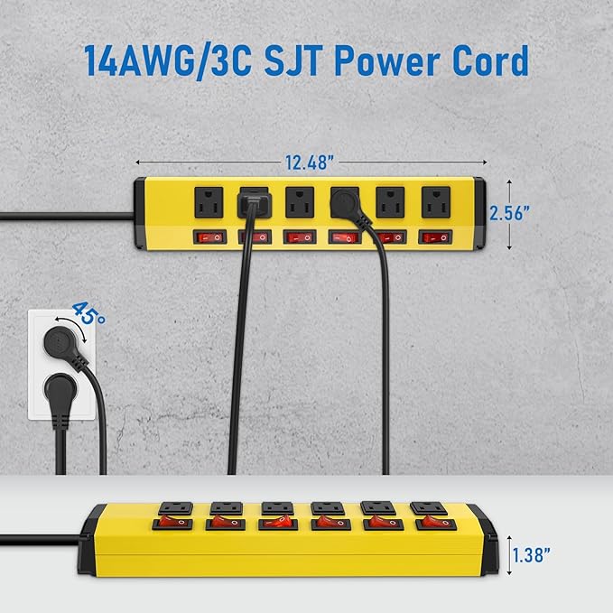 ANNQUAN 2PCS 6 Outlet Metal Power Strip with 6 Individual Switches,Heavy Duty Power Strip 1200J 15A 6FT Cord Home Office Industrial Commercial Shop