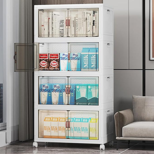 220Qt Stackable Storage Bins with Lids, 4 Pack Collapsible Storage Bins with Wheels, Plastic Cabinet with Doors, Foldable Closet Organizers for Home, Dorm, Office, White