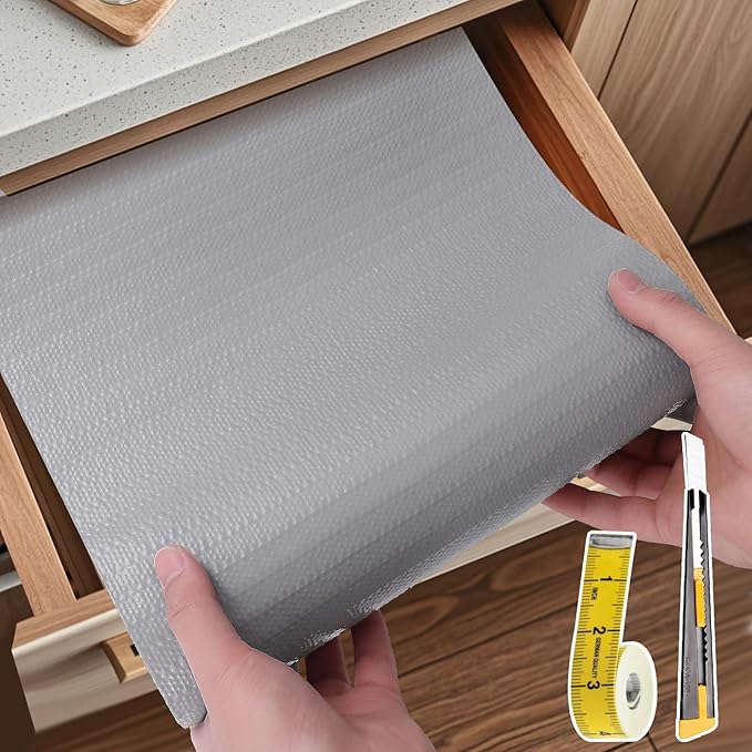 Shelf Liners for Kitchen Cabinets Non Adhesive Drawer Liner 17in x 20FT Pure Grey Thickened Shelf Liner Strong Non-Slip Easy to Clean for Tool Box Refrigerator with Knife and Tape Measure