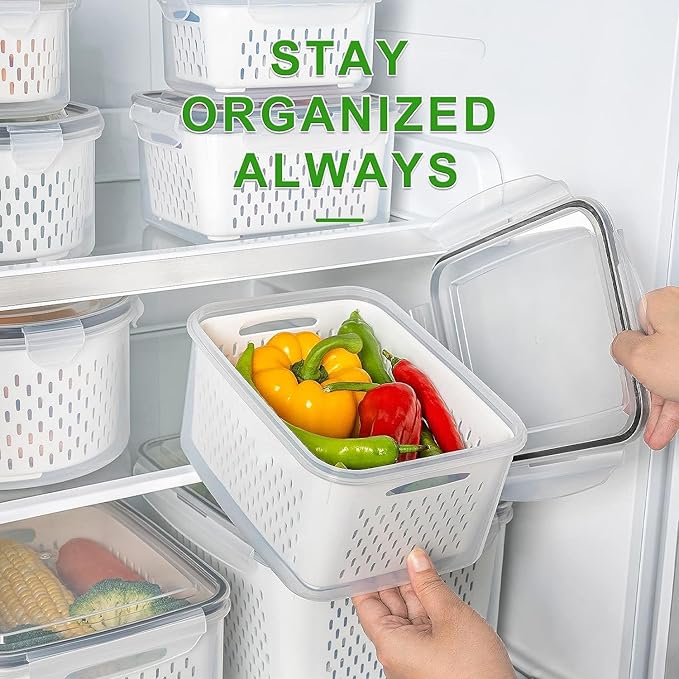 Freshmage Fruit Storage Containers for Fridge with Removable Colander, Airtight Food Storage Container, Dishwasher Safe Produce Saver for Refrigerator, Keep Berry Fruit Fresh Longer 8 pcs Small Clear