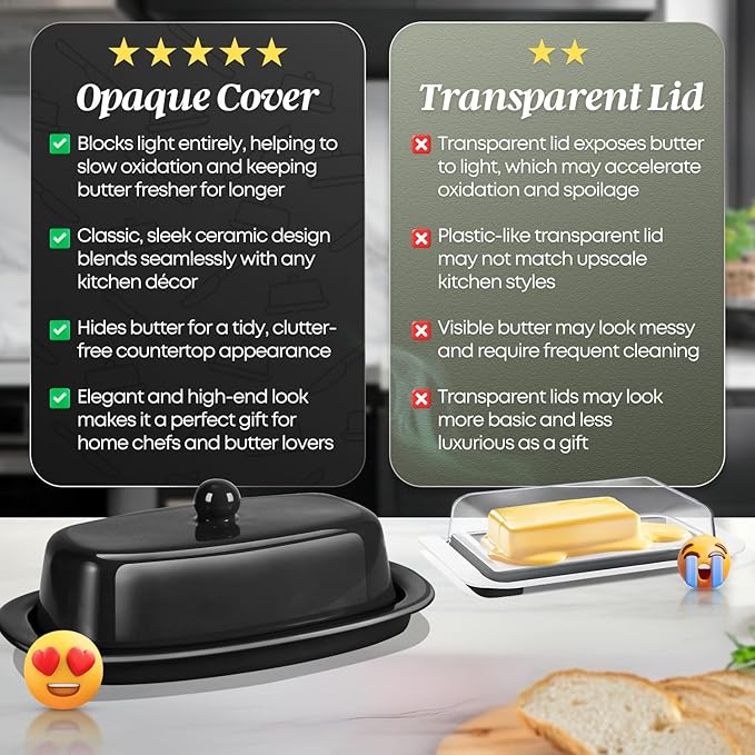 Flexzion Ceramic Black European Butter Dish with Lid for Countertop (7 Inch) - 1 Stick Butter Holder for Counter, Cream Cheese Container Storage Keeper