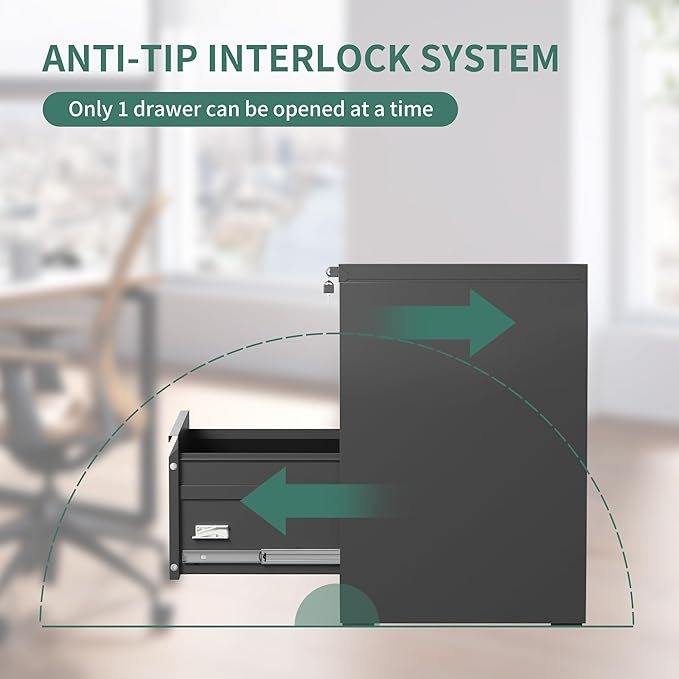 2 Drawer File Cabinet with Lock,Metal Vertical Filing Cabinets for Home Office,Heavy Duty File Storage Cabinet for Letter/Legal/A4/F4 Size File,Assembly Require (Black, Vertical 2 Drawer)