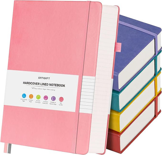 5 Pack Lined Notebook Journal for Women, 312 Numbered Pages Thick Notebooks Bulk, 100gsm No Bleed Paper Hardcover Leather Journal, College Ruled Notebook Set for Work Writing Travel, A5, Multicolor