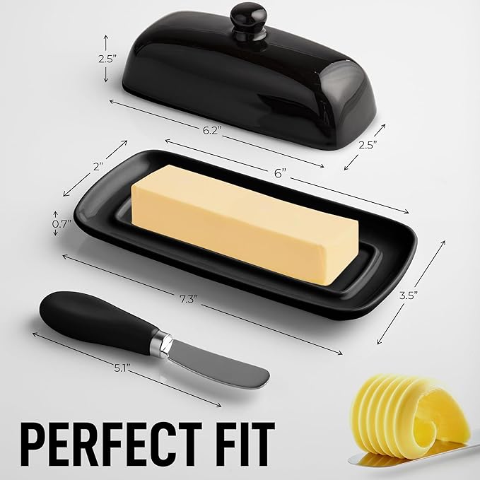 Zulay Kitchen Butter Dish With Lid For Countertop - Porcelain White, Ceramic Butter Dish with Knob Handle Great for Cooking - Elegant Design Butter Holder - Durable & Sturdy Butter Keeper - Black