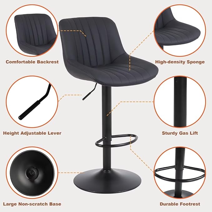 Bar Stools Set of 4, Swivel Counter Height Barstools with Back, Adjustable PU Leather Bar Chairs, Modern Armless Kitchen Island Stool, Black