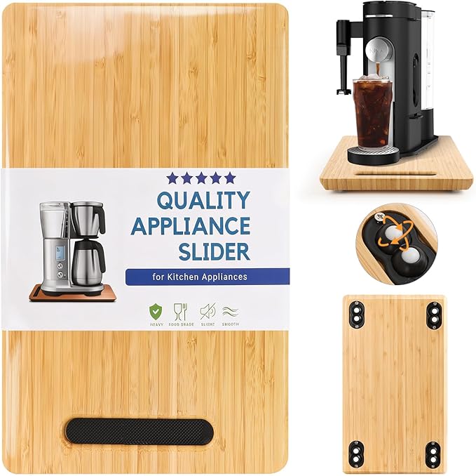 Fullin 360°Appliance Slider, Bamboo Sliding Tray for Coffee Maker, Appliance Sliding for Kitchen Appliances Countertop Slides Easily from Under The Cabinet Rolling Tray with 360°Rotation Rubber Wheels