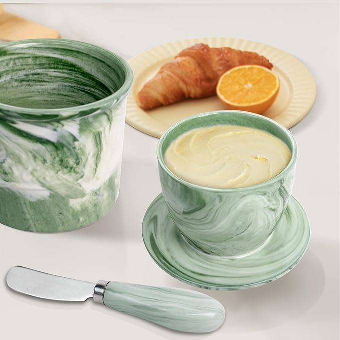 Ceramic Butter Crock with Lid & Spreader Knife, Butter Keeper - Ideal Butter Storage & Countertop Butter Dish (Marble Green with Marble Green Knife, M)