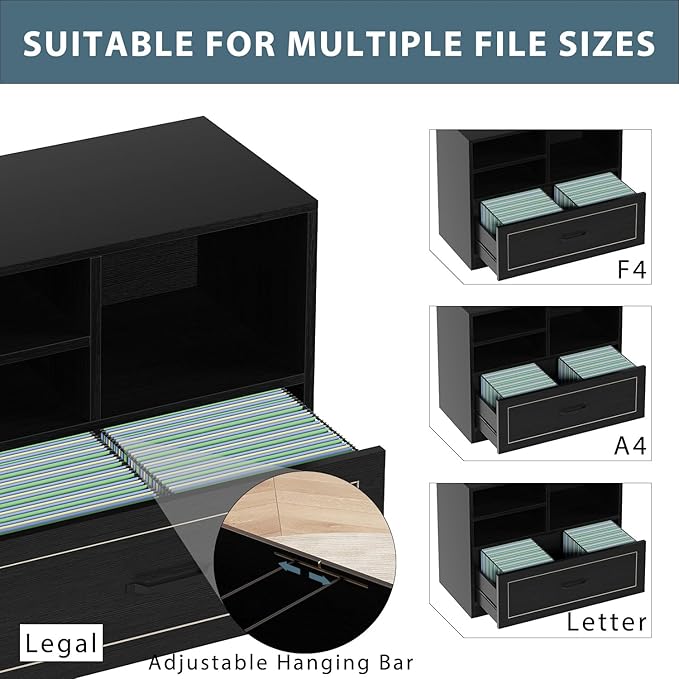LVB Lateral Filing Cabinet with Drawer, Black Wood File Cabinet Printer Stand with Storage Shelves for Home Office, Modern Printer Cabinets Fits A4 Letter Legal Size with Hanging Folder, 32.7 Inch