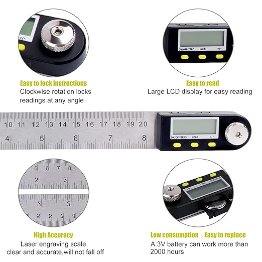 Delgada 8 inch/200mm Digital Angle Finder Ruler - Stainless Steel Protractor for Woodworking and Construction - Battery Included