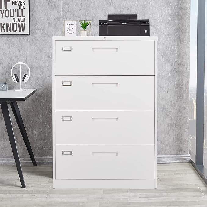 4 Drawer File Cabinet, Lateral Filing Cabinets for Home Office, Office Storage Drawers with Lock, Hanging Files Legal/Letter A4 Size (Assemble Required,White)