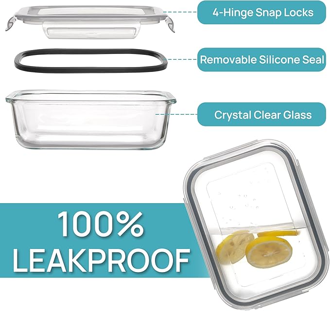 Vtopmart 5 Pack 35oz Glass Food Storage Containers with Lids, Meal Prep Containers, Airtight Reusable Lunch Container Set, Safe for Oven, Microwave, Freezer, and Dishwasher, Grey