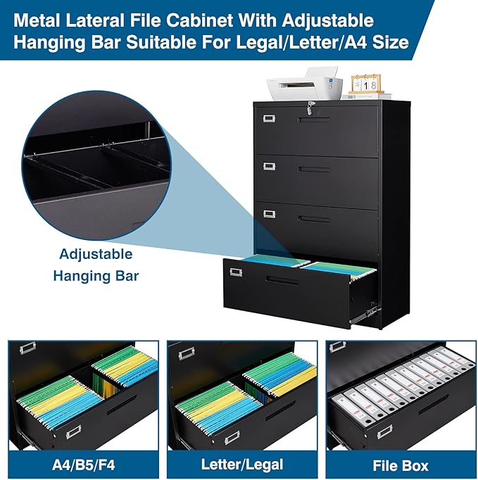 4 Drawer File Cabinet, Lateral Filing Cabinets for Home Office, Office Storage Drawers with Lock, Hanging Files Legal/Letter A4 Size (Assemble Required,Black)
