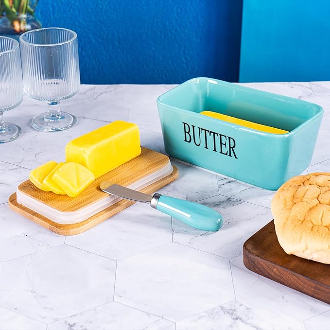 Large Butter Dish with Lid for Countertop, Ceramic Butter Stick Holder Container with Cover and Knife for Fridge