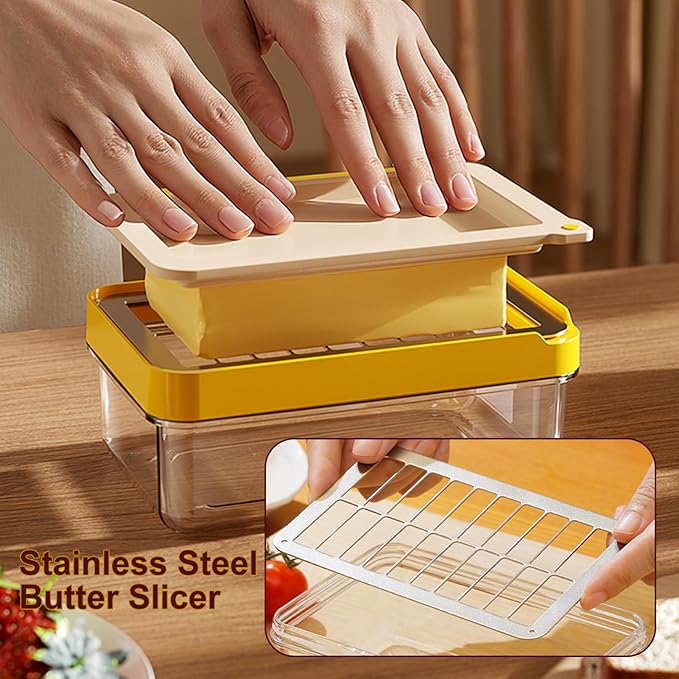 Butter Cutter Slicer with Lid and Knife for Countertop and Refrigerator, Airtight Butter Keeper Container, Butter Holder for East/West Coast Butter