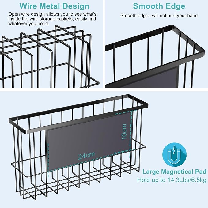 2 Pack Magnetic Wire Storage Baskets, Metal Strong Magnet Hanging Wire Storage Basket Organizer Holder, Magnetic Storage Bin Box Containers for Refrigerator/Whiteboard Classroom/Fridge /Locker