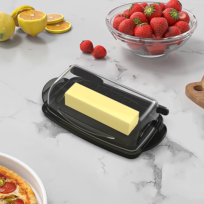 Butter Dishes with Lid for Countertop Refrigerator, Plastic Butter Dish Clear Flip Top Lid Butter Container with Spreader, Non-Slip Bottom Butter Holder Keeper (Transparent Cover Black)