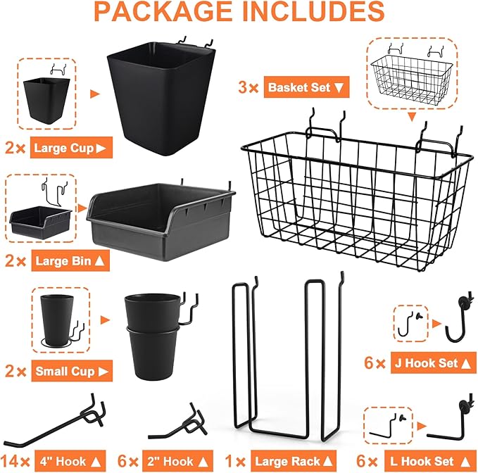 Pegboard Basket Organizers, Peg Board Large Baskets Hooks Bins Cups Tool Organizer 42 Pack Set, Wall Storage Display Hanging Accessories for Craft Office Stadio Shed Garage Organization (Black)
