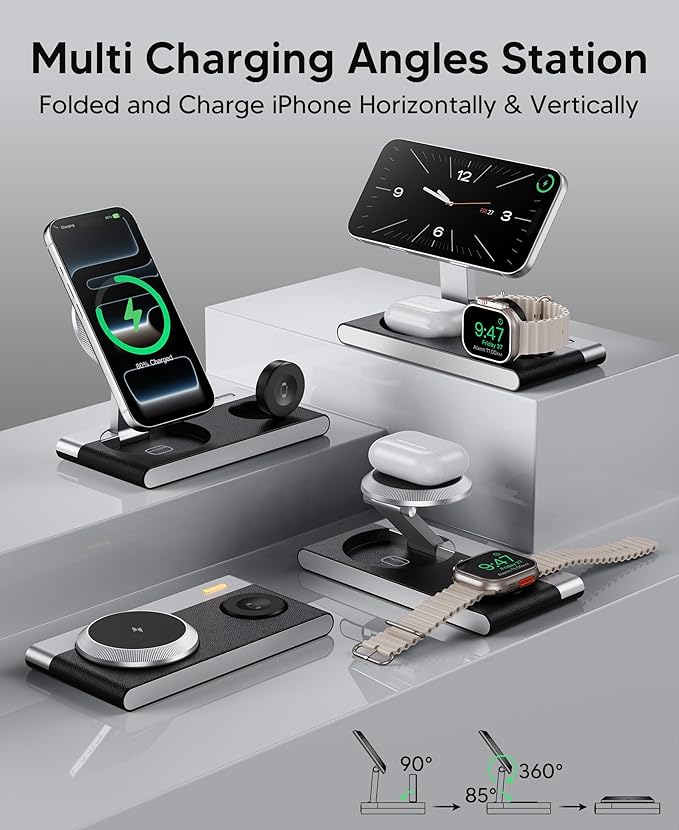 Foldable 3 in 1 Magnetic Wireless Charging Station for Apple Devices, Leather-Like Fast Wireless Charger Dock with Night Light for Magsafe iPhone 17/16/15/14/13/12 Series, Apple Watch, AirPod