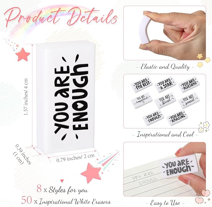 PerKoop 50 Pcs Back to School Inspirational Small Pencil Erasers Bulk for Kids, White Cute Fun Motivational Erasers Gifts for Teachers Students Classroom Reward First Day of School Supplies