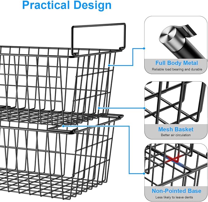 Freezer Organizer Bins, Large Capacity Stackable Baskets for Deep Chest Freezer Easy Get and Sort Bottom Frozen Meats Food Storage Containers Pantry Storage and Organization, 4pcs