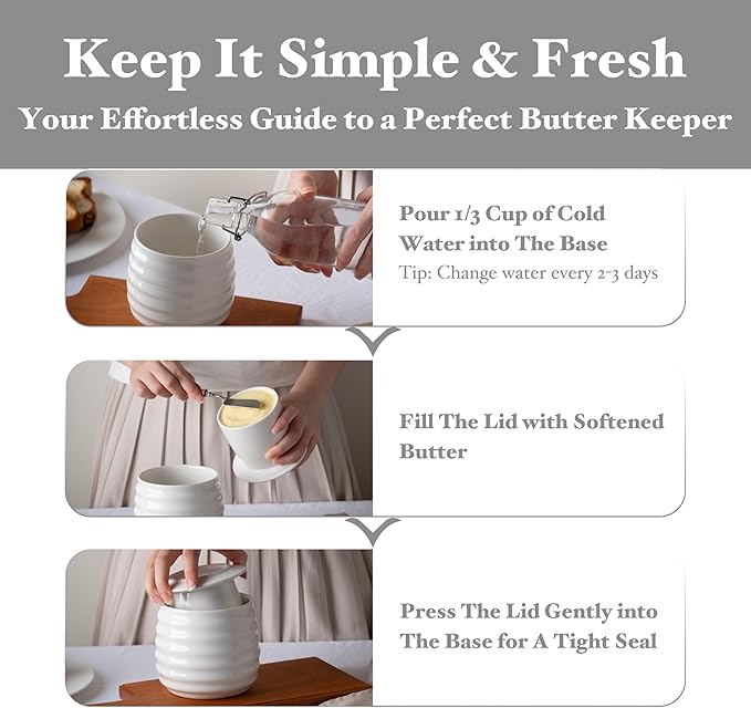 Butter Keeper Crock, 11 oz Large Ceramic Butter Dish with Lid, Holds 2-3 Sticks, Water Seal for Fresh Spreadable Butter, Easy-Grip Design & Wide Stable Lid, Arctic White