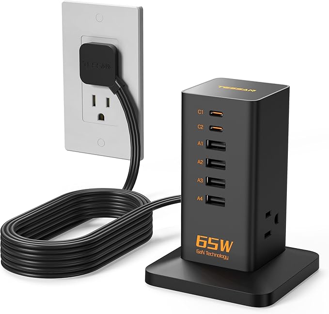 USB Charging Station for Multiple Devices 10Ft Cord, TESSAN 9-in-1 USB C Charger Block PD 65W for iPhone 17/16, MacBook, Tablet, Type C Desktop Charger with 3 AC, Home Travel Office Accessories