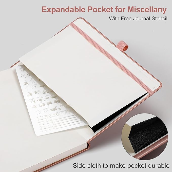 AHGXG Bullet Dotted Journal - Dot Grid Notebook Journal, 120 GSM Thick Acid-Free Paper, A5 Dotted Notebook 160 Pages, Leather Hardcover, Inner Pocket, Journal Stencil, 5.7'' × 8.3'' - Rose Gold