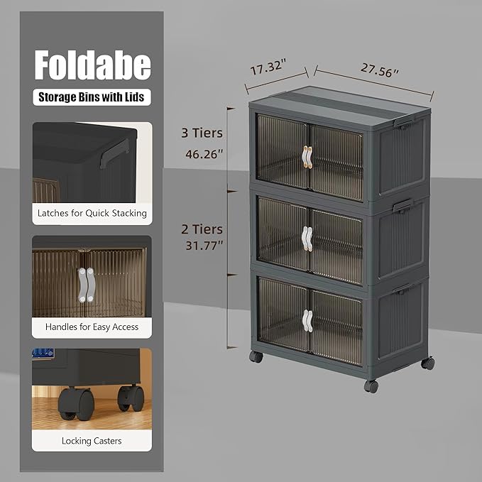 Stackable Storage Bins, Plastic Closet Organizer Folding Container with Lid & Wheel, Collapsible Storage Cabinet with Door, Foldable Storage Boxes for Home, Pantry, Office (L, Gray 3-Tier)